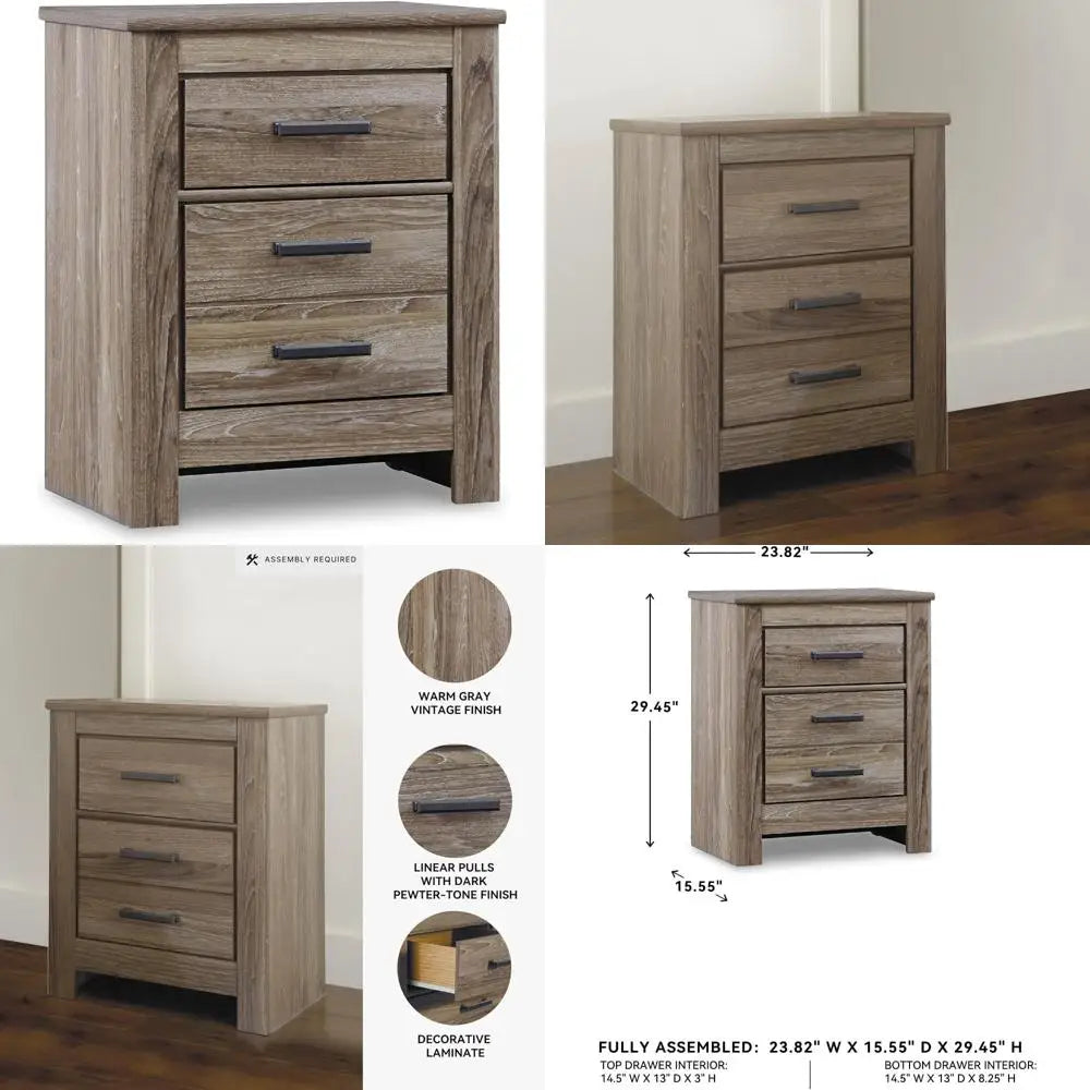 ashley zelen signature rustic modern two-drawer nightstand, 29.45" height, warm gray finish