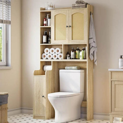 farmhouse style rattan bathroom storage cabinet with over-the-toilet organizer and barn door design