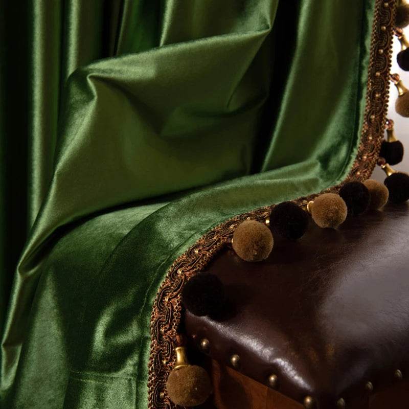 2pcs high-grade American retro green solid color shading flannelette curtain, no valance - Loft&Timber