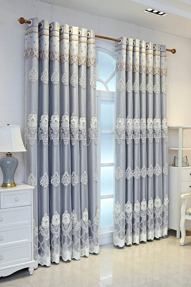 Elegant Double-Layer Curtains with Embossed Base & 3D Embroidered Detailing - Loft&Timber