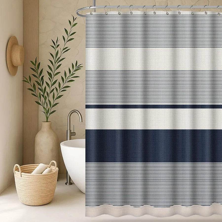 Boho Farmhouse Navy Blue Stripe Tassel Shower Curtain Set 72 x 72 Inches Bohemian Style - Loft&Timber