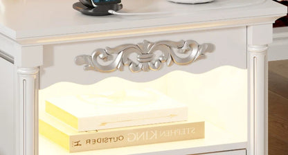 JDPAG Farmhouse Nightstand with Gun Drawer, 20" Vintage Bedside Table with LED Lights & Charging Station