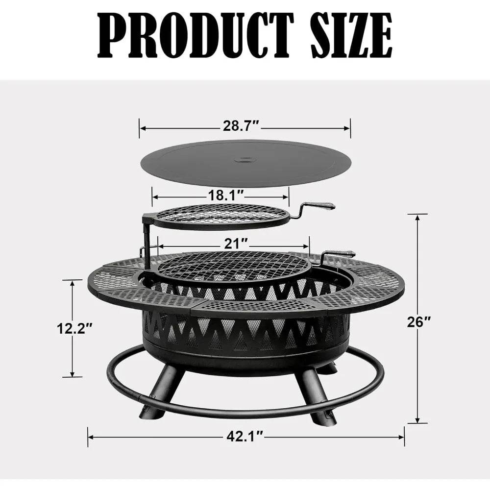 42 Inch Fire Pit with 2 Grills, Large Outdoor Firepits for Outside, Wood Burning Fireplace, 3-in-1 Ro - Loft&Timber