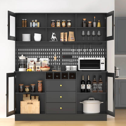 Pantry Cabinet, Kitchen Storage Cabinet, Freestanding Buffet Hutch with Pegboard, Cup Holder, Power Outlet, Black - Loft&Timber