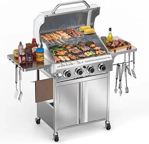 Stainless Steel 4-Burner Propane Gas Grill with Folding Side Shelf and 32,000 BTU Cooking Power - Loft&Timber
