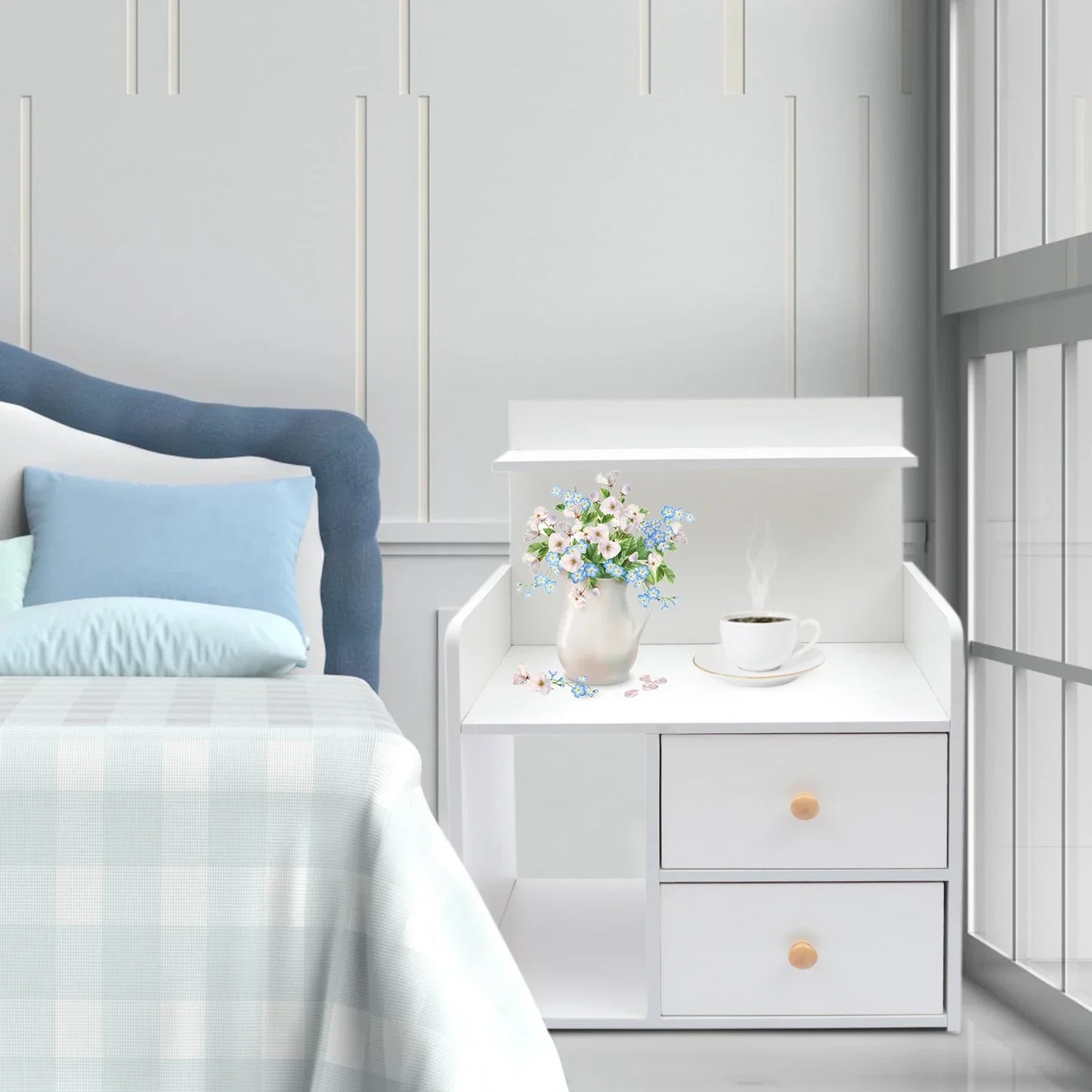 Bymaocar Warm White Nightstand with 2 Drawers, 16.9x10.2x23.6In Compact Bedside Table, Versatile Vanity Dresser for Living Room