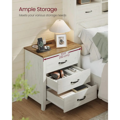 Charging Station Farmhouse Nightstand - 3 Drawer Bedside Table for Bedroom