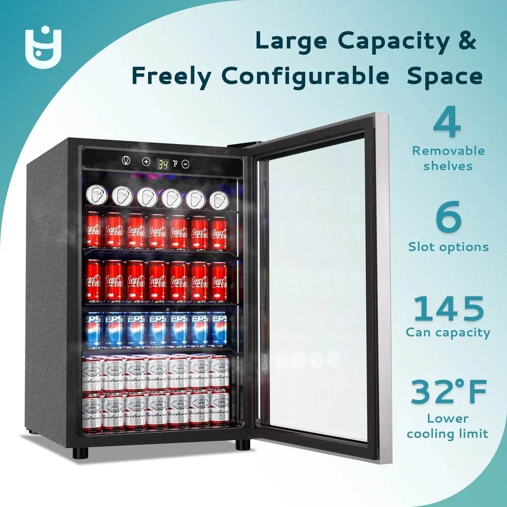 145 Can Beverage Refrigerator Glass Door Mini Fridge Adjustable - Loft&Timber
