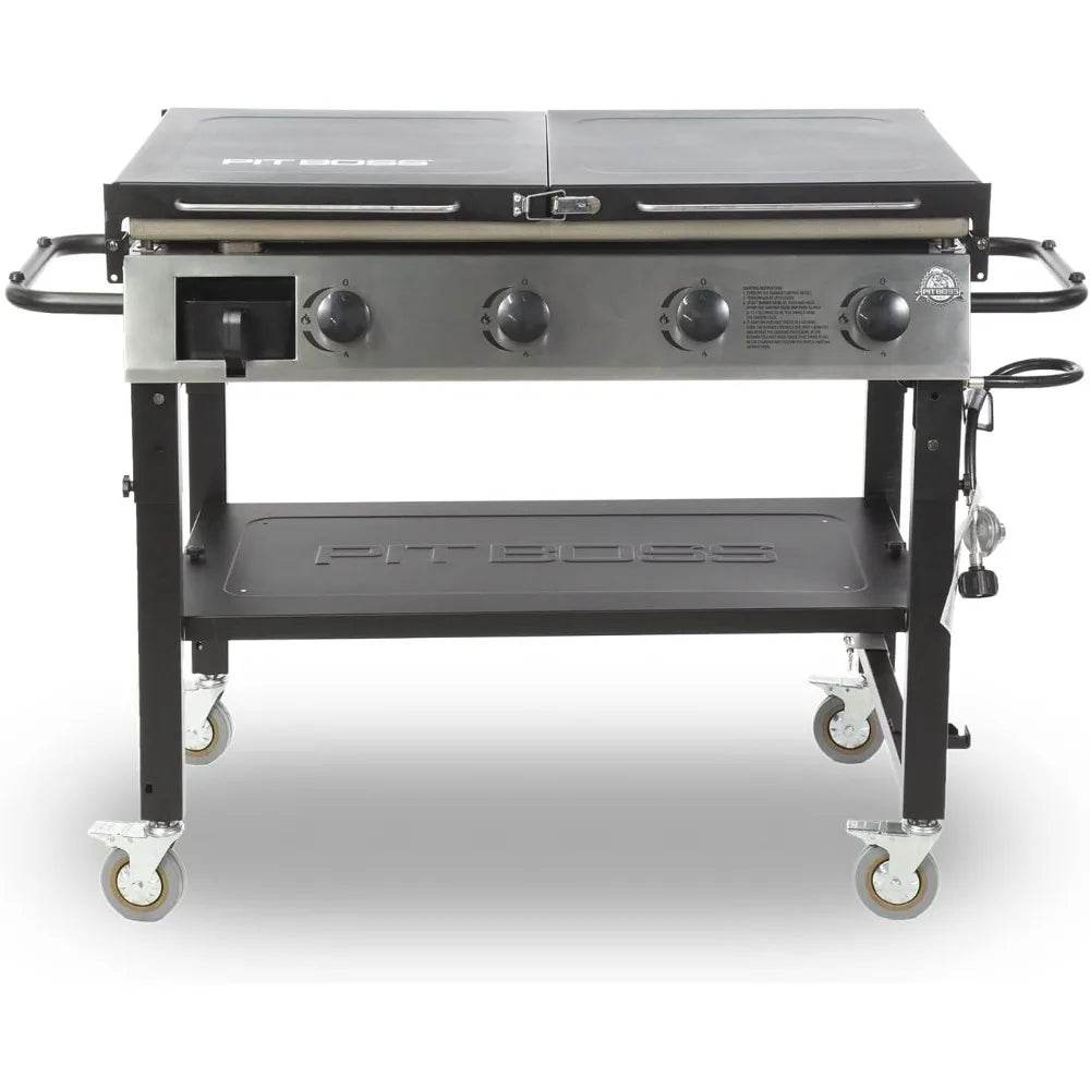 Four Burner Liquid Propane Gas Grill with Foldable Side Shelves, 36-Inch Flat Top Griddle, Fitted Cover, Deluxe Black - Loft&Timber