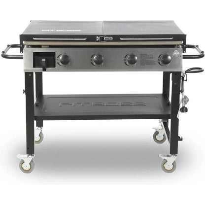 Four Burner Liquid Propane Gas Grill with Foldable Side Shelves, 36-Inch Flat Top Griddle, Fitted Cover, Deluxe Black - Loft&Timber