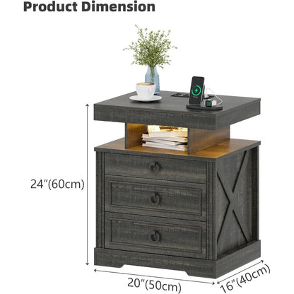 Nightstand with Gun Drawer, LED Bedside Table with Charging Station, Modern Night Stand with Human Sensor Design, Smart E