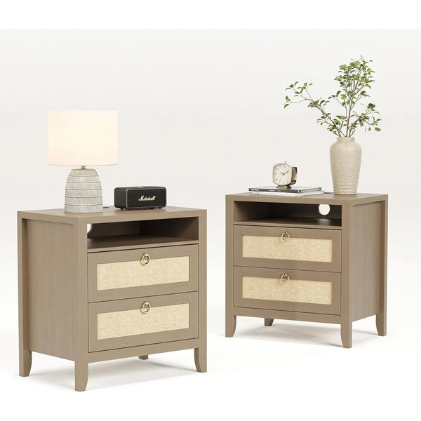 23.6" Rattan Night Stand Set of 2, Boho Nightstands with Charging Station, 2 Drawers and Strage Shelf, Large Night Stand
