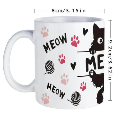 A Black Cat Sitting On Top Of A Bar With Paw Prints And The Word Meow Cup, 11oz Ceramic Cup - Loft&Timber