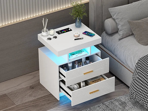 JDPAG LED Nightstand with Wireless Charging Station,Black Night Stand with 2 Drawers,Glass Top Smart Bedside Table