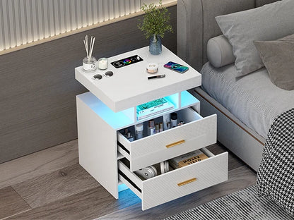 JDPAG LED Nightstand with Wireless Charging Station,Black Night Stand with 2 Drawers,Glass Top Smart Bedside Table