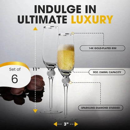 Elegant Crystal Champagne Flutes with Silver Rim and Sparkling Rhinestone Accents - Loft&Timber