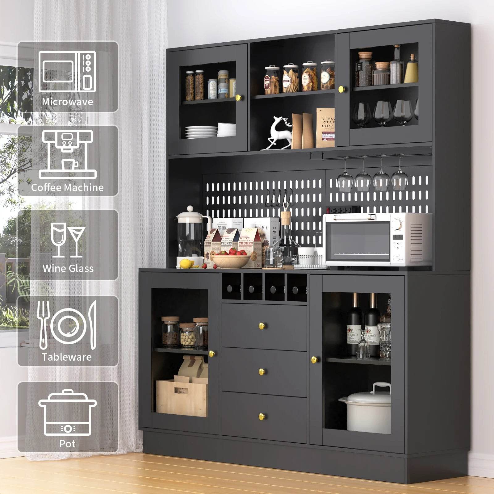 Pantry Cabinet, Kitchen Storage Cabinet, Freestanding Buffet Hutch with Pegboard, Cup Holder, Power Outlet, Black - Loft&Timber