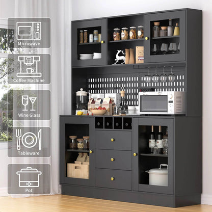 Pantry Cabinet, Kitchen Storage Cabinet, Freestanding Buffet Hutch with Pegboard, Cup Holder, Power Outlet, Black - Loft&Timber