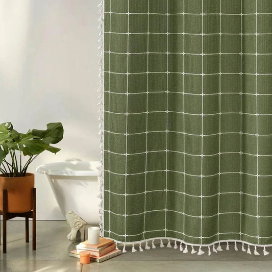 green boho farmhouse shower curtain with tassels