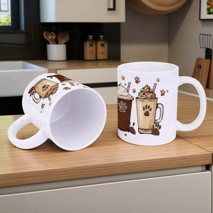 Four Coffee Cups With Paw Prints And Ice Cream. Coffee Cups, 330ml White Ceramic Sublimation Cups - Loft&Timber