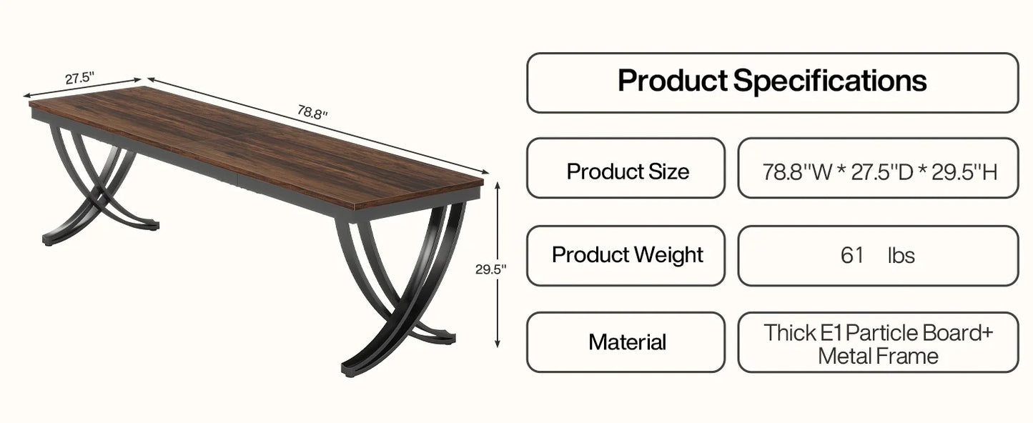 Rectangular Dining Table for 6-8, 78" Large Farmhouse Dinner Table - Loft&Timber