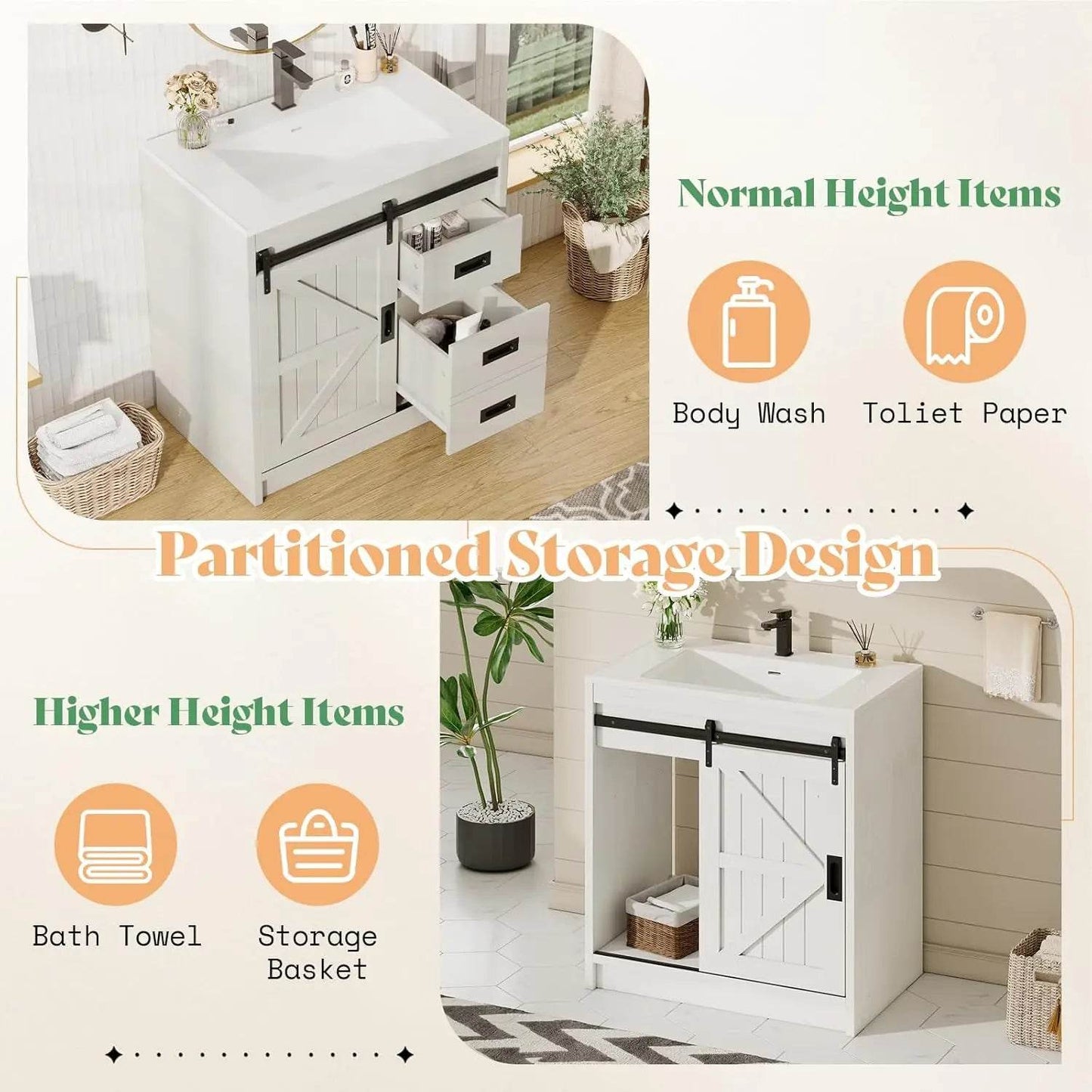 Farmhouse Bathroom Vanity with Sink Combo 31in Sliding Barn Door Bathroom Vanity Cabinet Set with Storage Drawers, Metal Handles - Loft&Timber