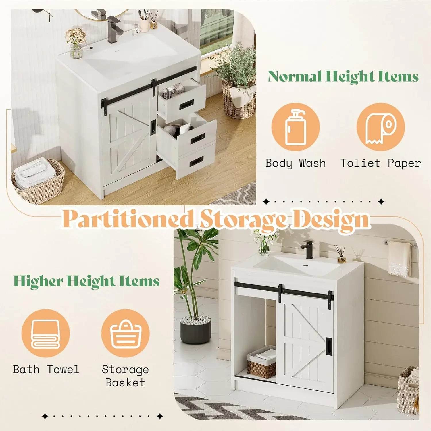 Farmhouse Bathroom Vanity with Sink Combo 31in Sliding Barn Door Bathroom Vanity Cabinet Set with Storage Drawers, Metal Handles - Loft&Timber