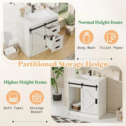 Farmhouse Bathroom Vanity with Sink Combo 31in Sliding Barn Door Bathroom Vanity Cabinet Set with Storage Drawers, Metal Handles - Loft&Timber