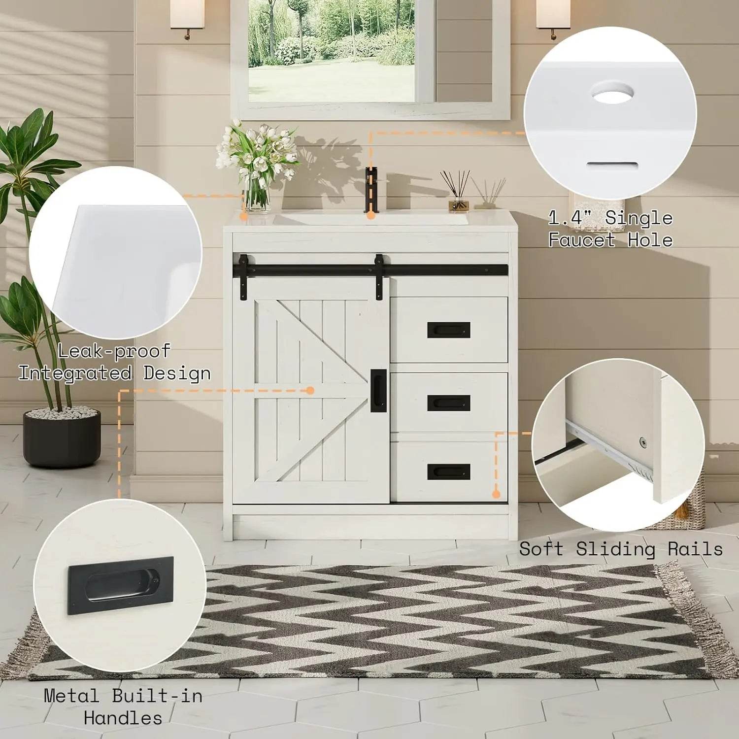 Farmhouse Bathroom Vanity with Sink Combo 31in Sliding Barn Door Bathroom Vanity Cabinet Set with Storage Drawers, Metal Handles - Loft&Timber
