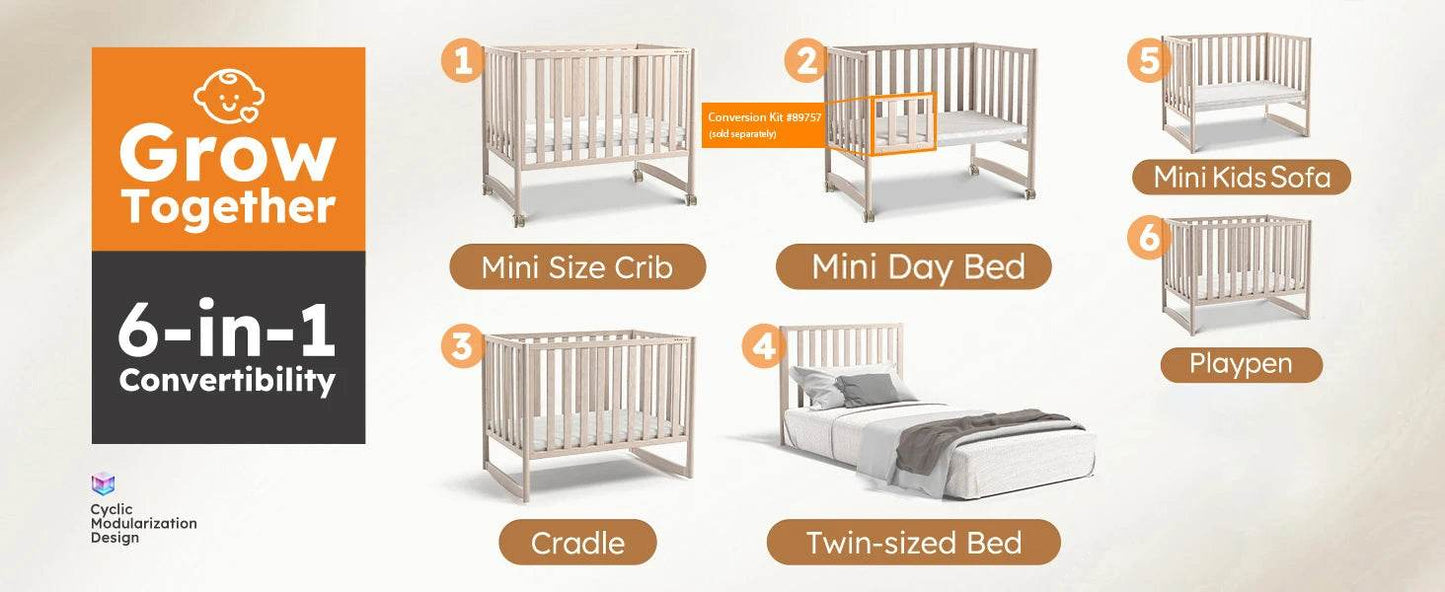 6-in-1 Mini Crib with Removable Wheels & Mattress - Loft&Timber