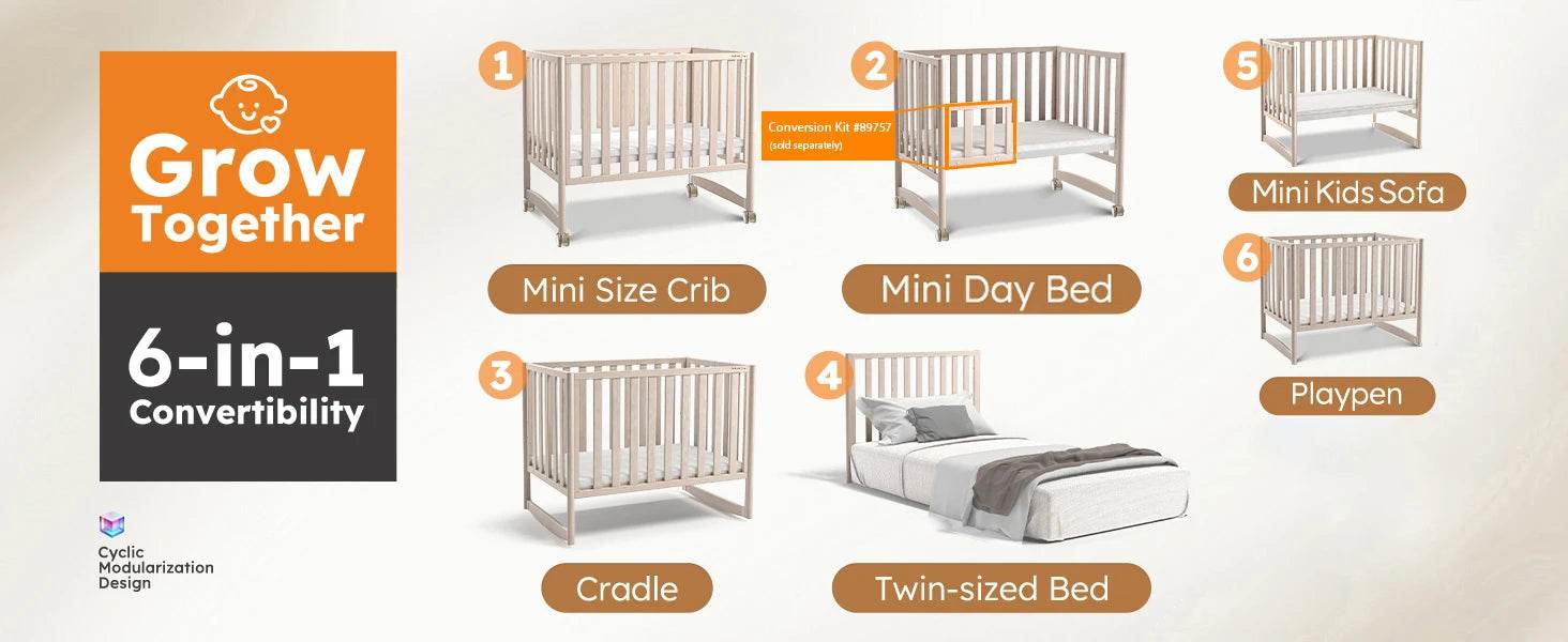 6-in-1 Mini Crib with Removable Wheels & Mattress - Loft&Timber
