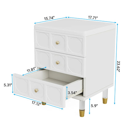 Tribesigns 3-Drawer Nightstand Tall White and Gold Bedside Table with Drawers, Versatile Modern White Night Stand with Storage