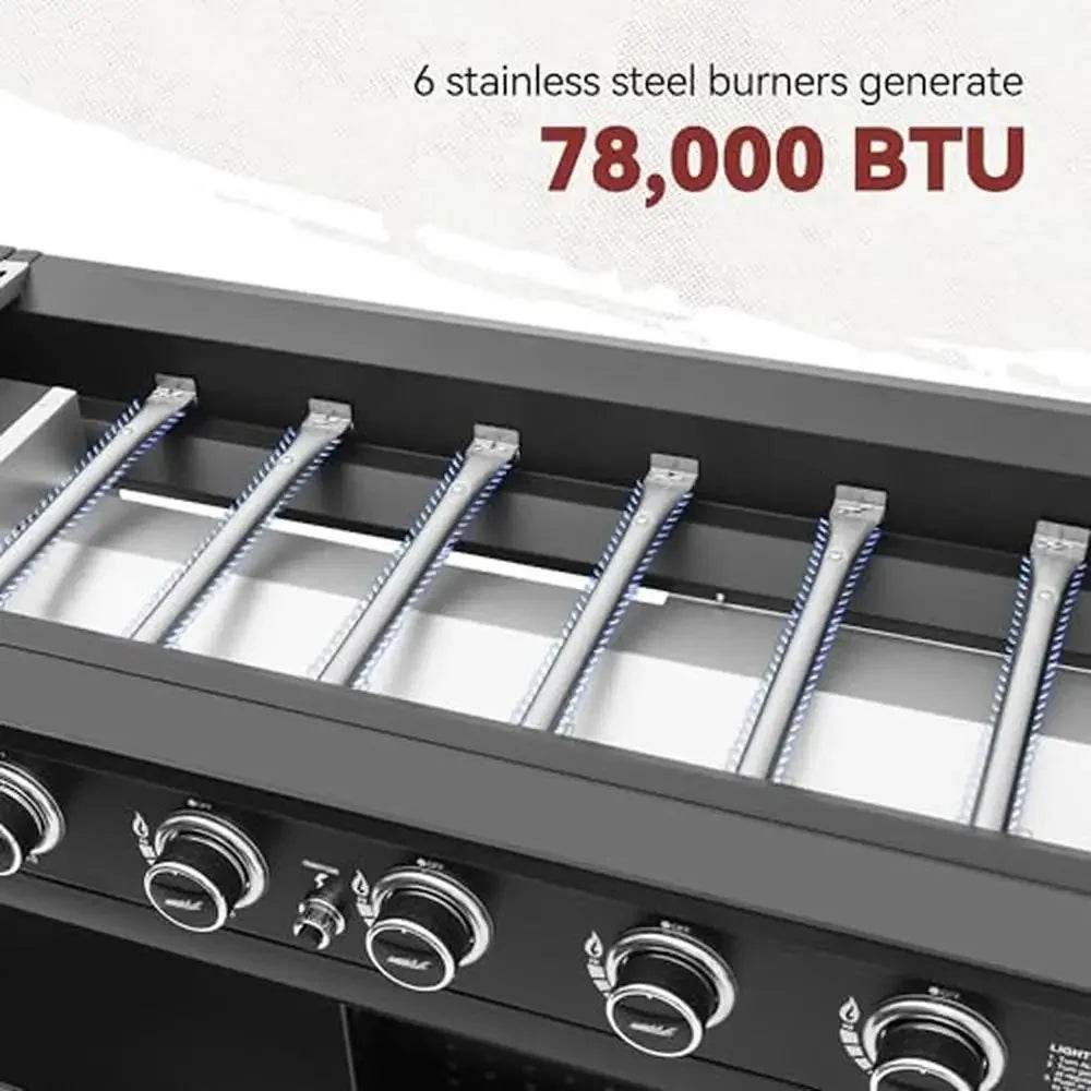 6-Burner Gas Griddle with Fold Side Tables Ceramic-coated Top & Double-Layer Shelves XL Cooking Surface & Upgraded Storage Cart - Loft&Timber