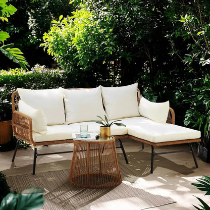 3-Piece Outdoor Patio Furniture Set, L-Shaped Rattan Sectional Sofa with Thick Cushions - Loft&Timber