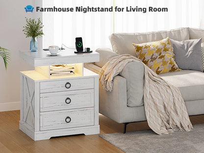 JDPAG Farmhouse Nightstand with Lockable Gun Drawer,3 Color Dimmable LED End Table with Charging Station,Bedside Table with Huma