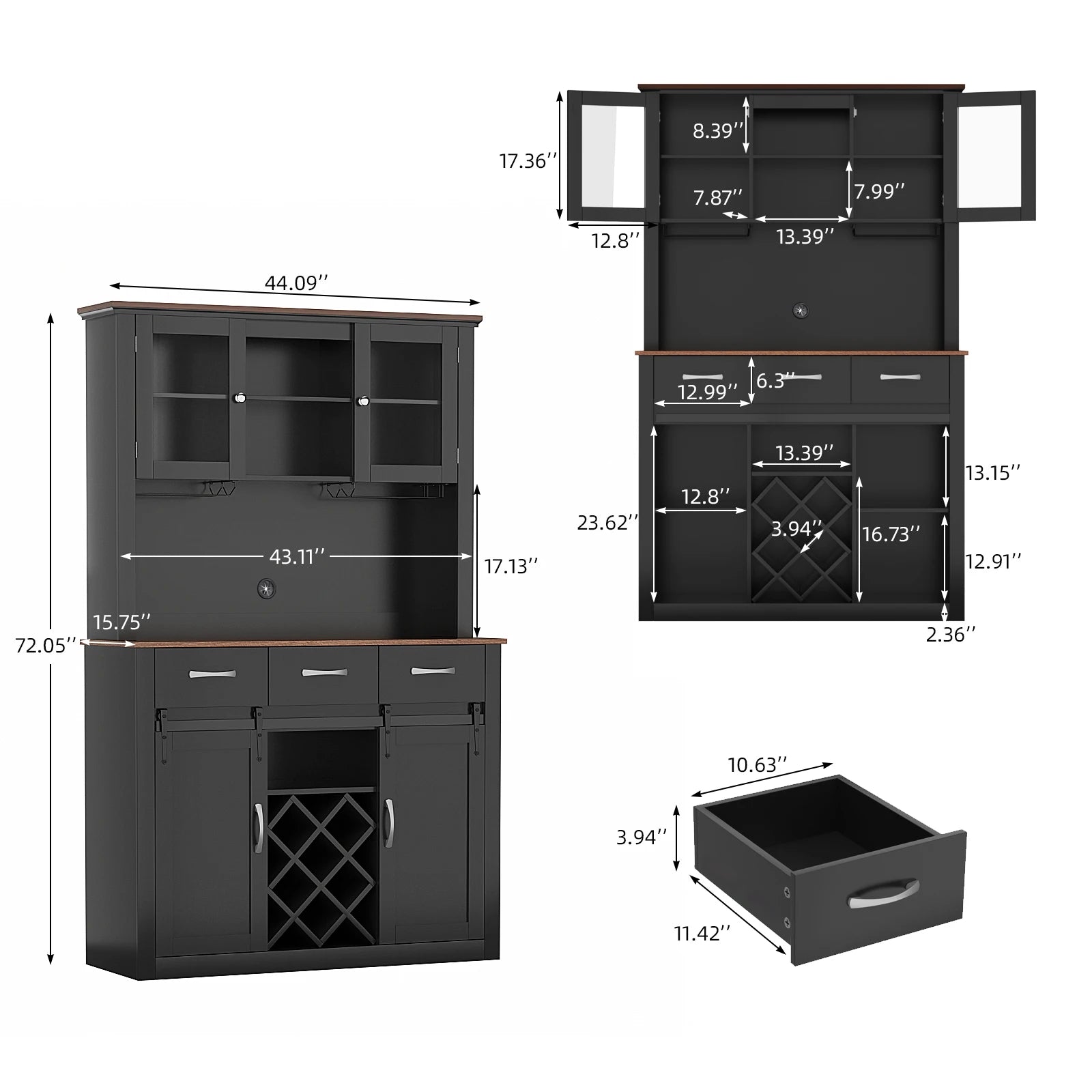 VOWNER 72" Tall Farmhouse Bar Cabinet with Sliding Barn Doors, Kitchen Pantry Storage Cabinet with Wine & Glass Racks - Loft&Timber