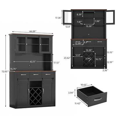 VOWNER 72" Tall Farmhouse Bar Cabinet with Sliding Barn Doors, Kitchen Pantry Storage Cabinet with Wine & Glass Racks - Loft&Timber