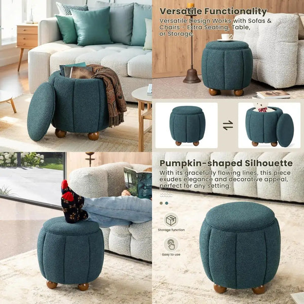 Contemporary Storage Ottoman - Round Upholstered Pumpkin Vanity Stool for Coffee Table and Makeup Use