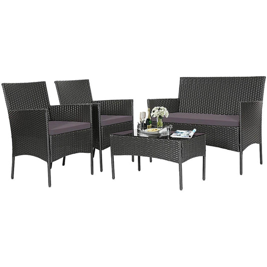 4PCS Patio Rattan Furniture Set Cushioned Sofa Coffee Table Backyard Grey - Loft&Timber