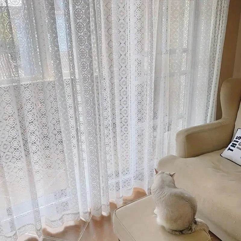 2pcs white lace embroidered mesh knitted sheer curtains in a French retro romantic style - Loft&Timber