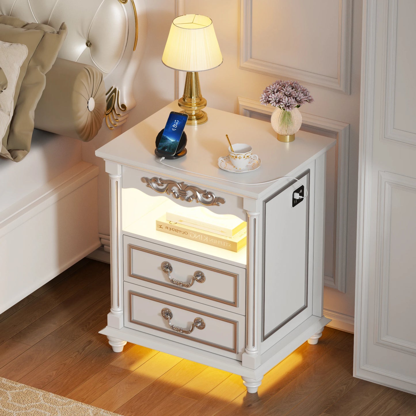 JDPAG Farmhouse Nightstand with Gun Drawer, 20" Vintage Bedside Table with LED Lights & Charging Station