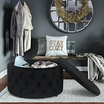 Round Storage Ottoman, Button Tufted, Black