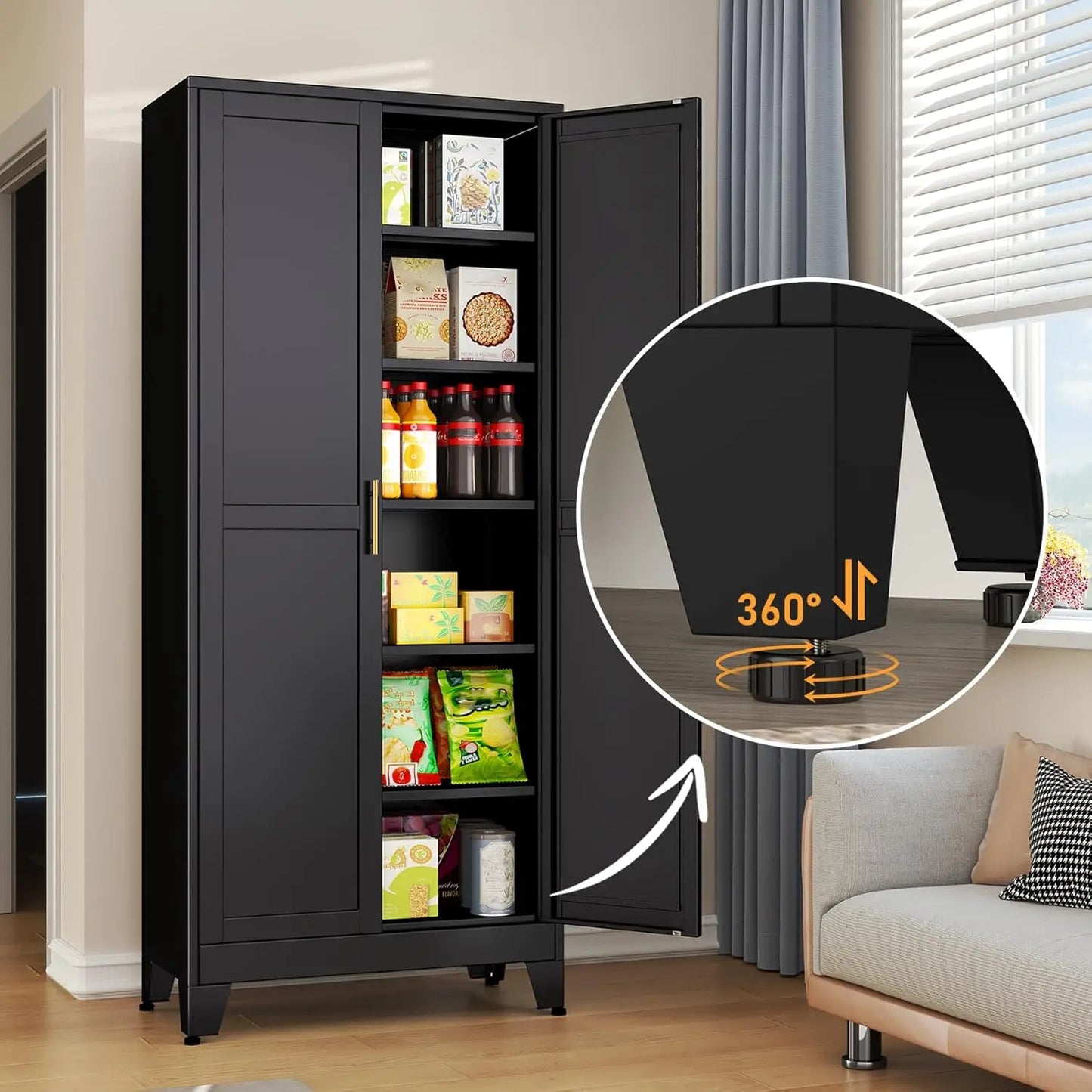 Black Metal Storage Cabinet,75" Steel Pantry - Loft&Timber