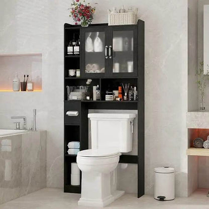 Freestanding toilet-top storage cabinet with adjustable shelves and anti-tip feature, arched design - Loft&Timber