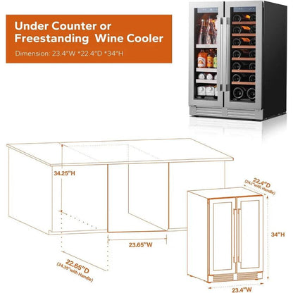 24 Inch Dual Zone Wine & Beverage Refrigerator – 60-Can & 20-Bottle Capacity, 36-72°F Cooling, 3 LED Lights & Glass Door