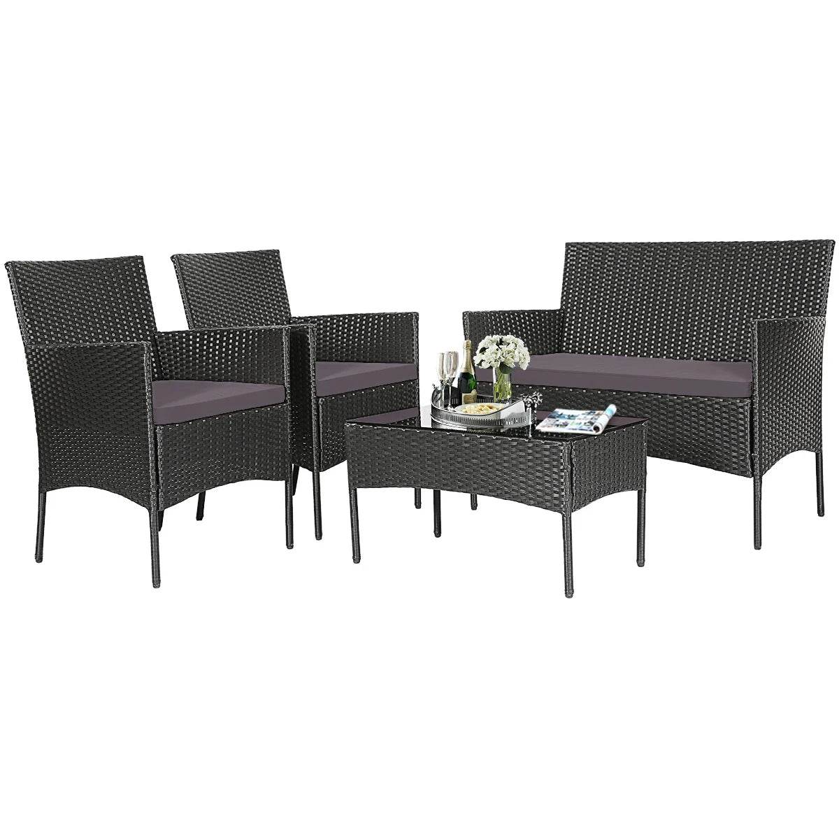 4PCS Patio Rattan Furniture Set Cushioned Sofa Coffee Table Backyard Grey - Loft&Timber