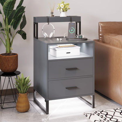 JDPAG  Auto LED Nightstand with Wireless Charging Station & USB Ports,High Gloss Bedside Tables with 2 Drawers
