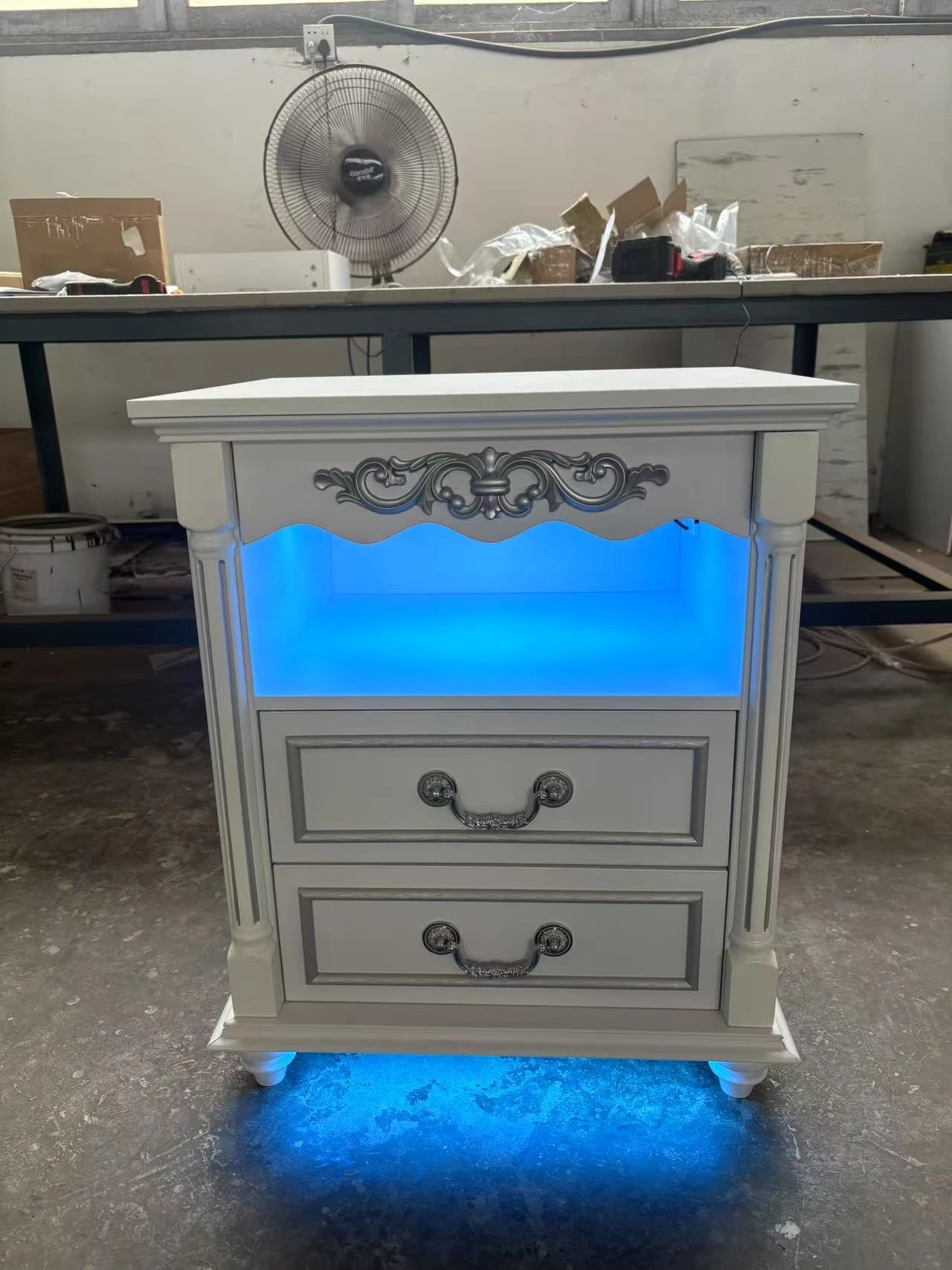 JDPAG Farmhouse Nightstand with Gun Drawer, 20" Vintage Bedside Table with LED Lights & Charging Station