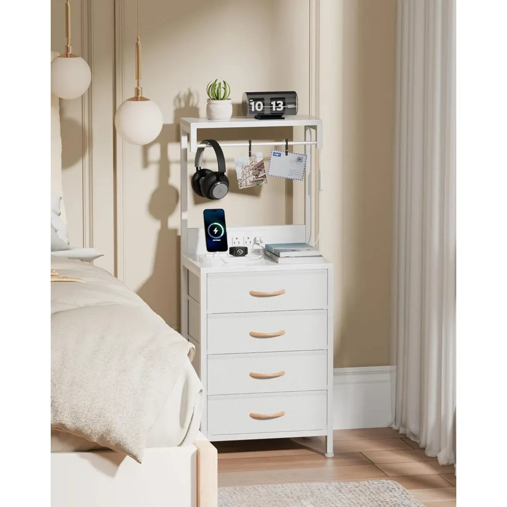 Furnulem Nightstand, White Tall Night Stand with Charging Station and LED Lights, Bedside Table for Bedroom, Office, Hallway, 4