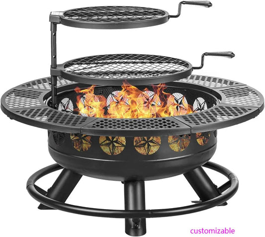 36 Inch Fire Pit with 2 Cooking Grills,Outdoor Wood Burning BBQ Firepit with Lid, 3-in-1 Outdoor Fire Pit - Loft&Timber